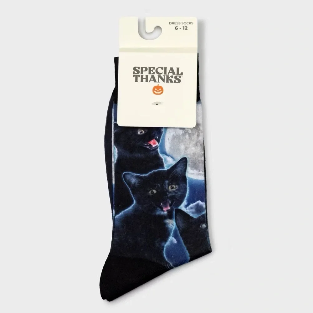 Men's nwt Special Thanks Halloween Black Cats & Moon Crew Socks - 6-12